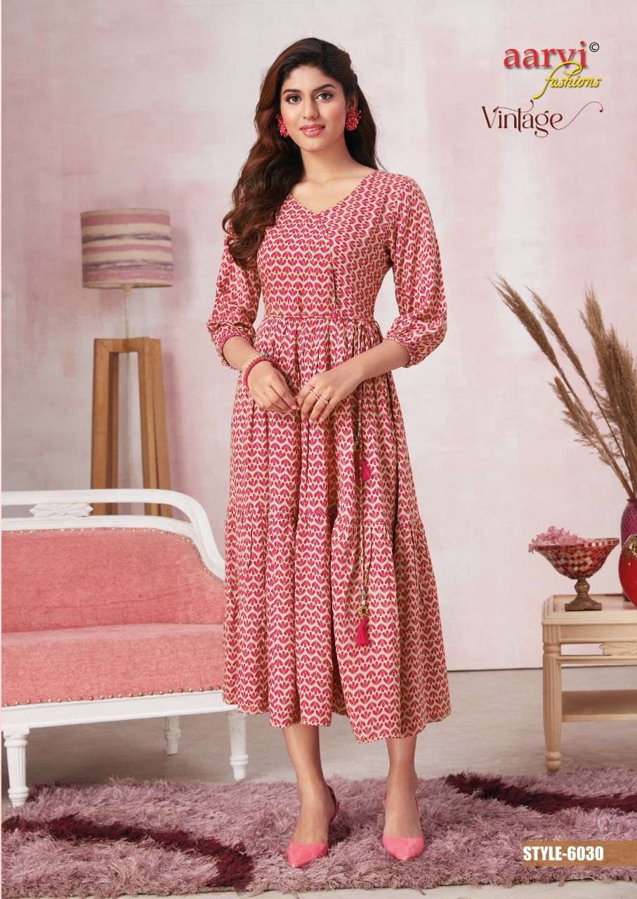 Aarvi Vintage 1 Fancy Party Wear Rayon Printed Designer Kurti Collection
